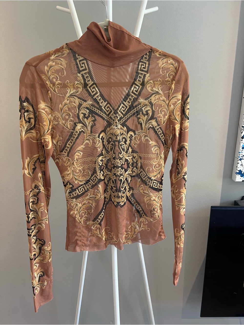 AFRM Sheer Baroque Print Turtle Neck Top in Rust size M